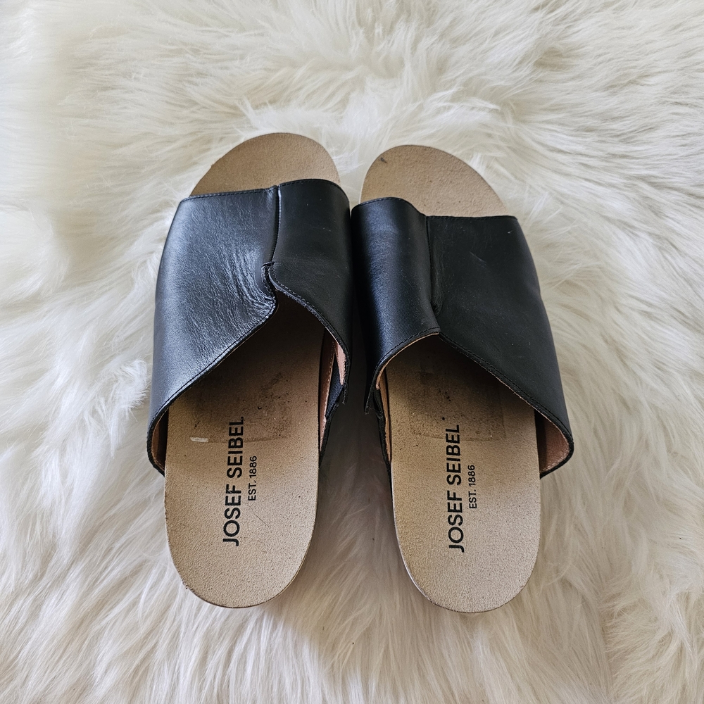 Josef Seibel Black Leather Slide Mule with Cork Wedge and White Outsole - Picture 5 of 12
